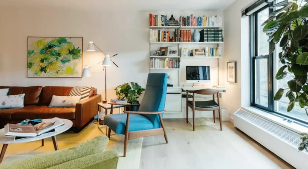 ruang kerja minimalis menyatu dengan ruang keluarga